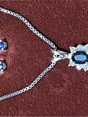 Sterling Silver Blue Sapphire Halo Pendant Necklace and Earrings Set